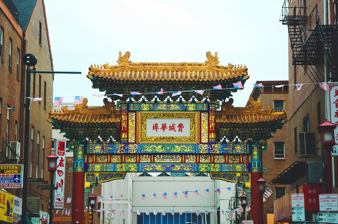 American flags in Chinatown